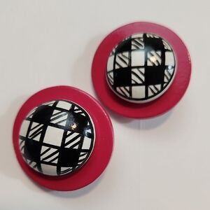 Pink Black & White Geometric Button Stud Earrings